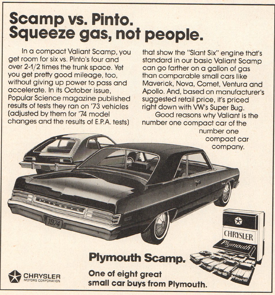1974 Plymouth Scamp with Ford Pinto Advertisement Motor Trend April 1974.