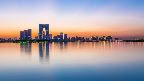 suzhou china asia lake water jinji reflection sunset skyline gate orient skyscraper city citylights