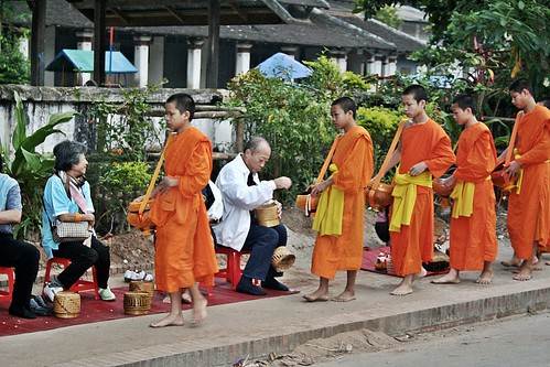 orange asia buddhism monks barefoot tribute laos lao luangprabang indochina alms buddhistmonks louangphrabang almsgiving saffronrobes takbat morningmonks