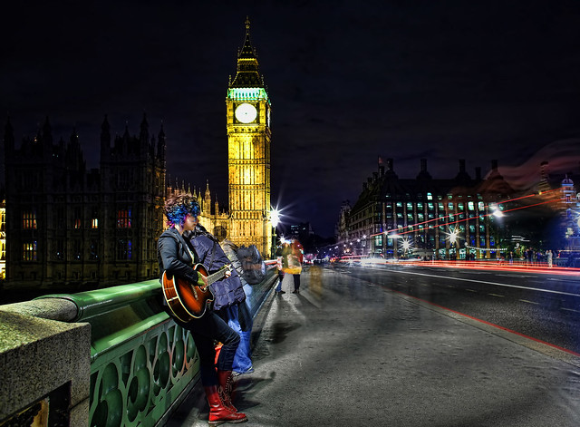 Girl with Guitar on Westminster Bridge at night