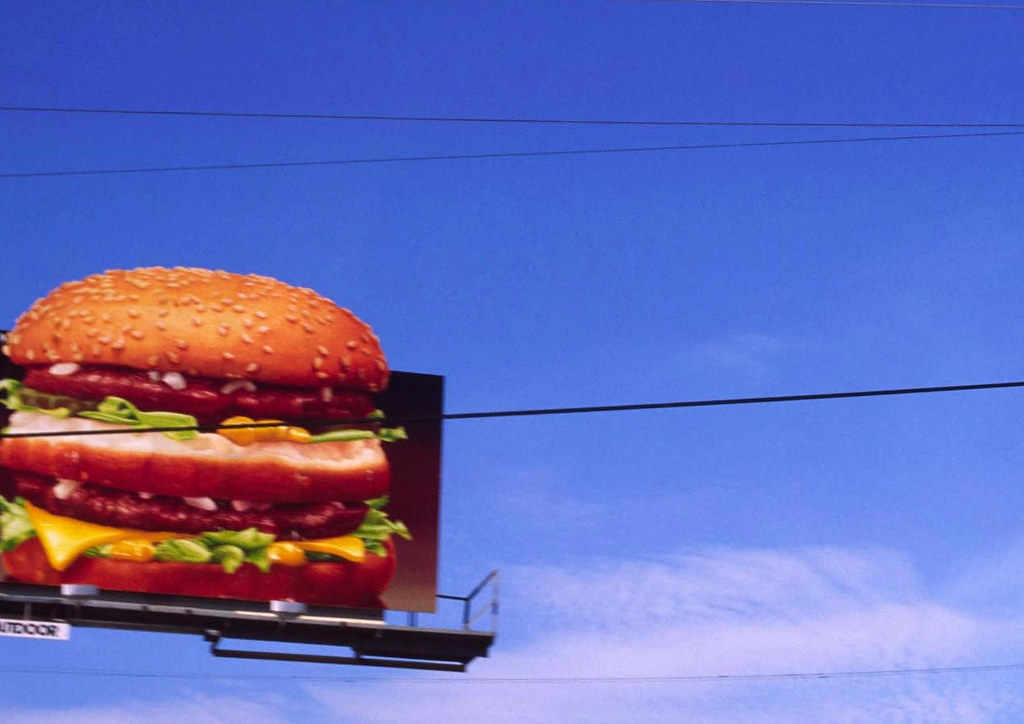 Giant flying burger in Kodachrome 25 ASA, Los Angeles 1984