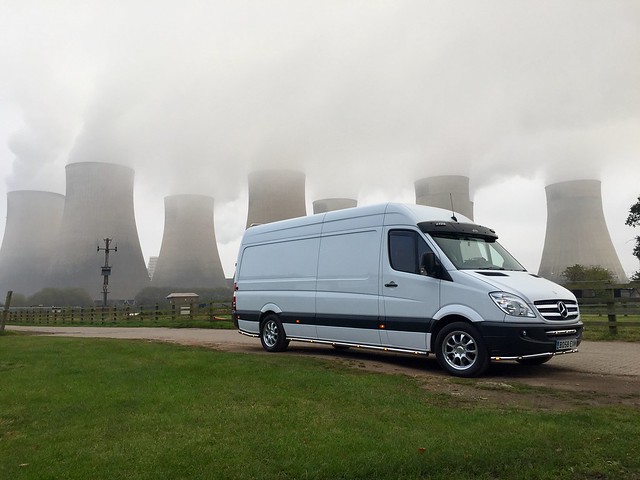 Mercedes Sprinter in the shadow of Cooling Towers