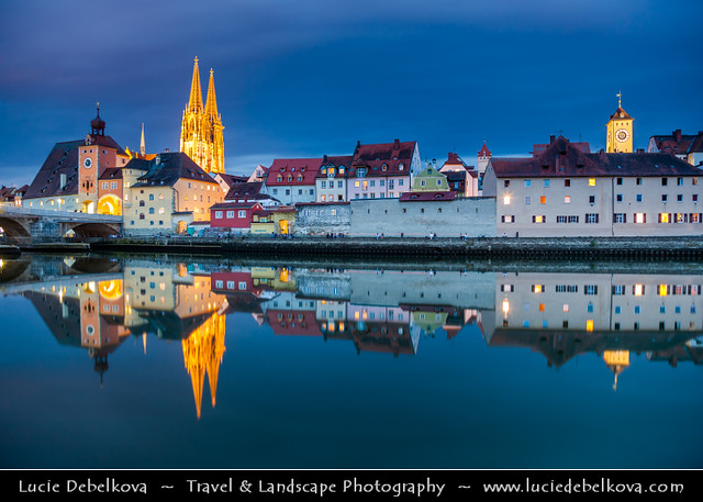 Germany - Bavaria - Regensburg - UNESCO World Heritage Site - Altstadt at Dusk - Twilight - Blue Hour - Night