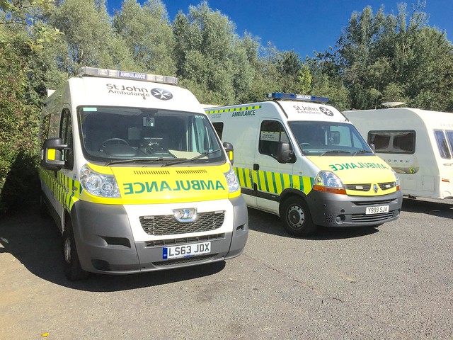 St John Ambulance seen at Scotch Corner Services 06/08/2015. LS63LDX Peugeot Boxer with a VCS Emergency Ambulance conversion and Y999SJA Renault Master with a ATT Papworth Ambulance conversion.