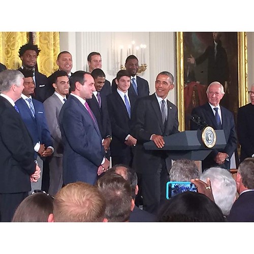 Congrats to the boys in blue! #ICYMI Today, President Obama honored the NCAA Men's Basketball Championship team at the White House. "We thought about inviting the Cameron Crazies here," he said. "But I didn't want any blue paint smudging my walls."