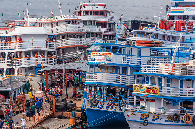 Amassed Amazon River ferries in the busy port of Manaus