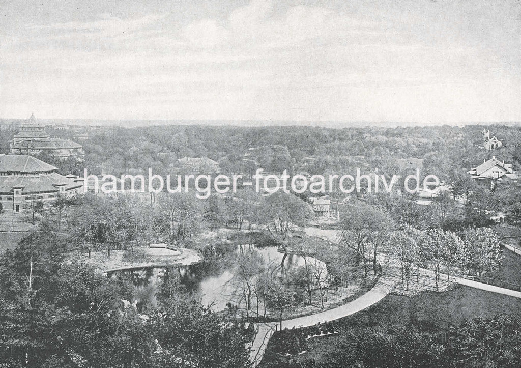 X0199023 Historische Luftaufnahme vom Hamburger Zoologischen Garten am Dammtor, lks. ist die Ruine vom Eulenturm zu erkennen.
