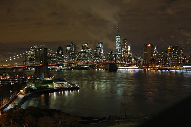 Brooklyn  Bridge and Manhattan at Night from Manhattan Bridge in New York
