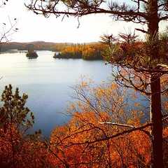 View across Flour Lake from the Ridge Run Trail, a little known Gunflint Trail bluff viewpoint that you reach by hiking our ski trails.  There are picnic tables on the bluff, so this makes a great fall hike with a stop for a snack or lunch at the mid-poin