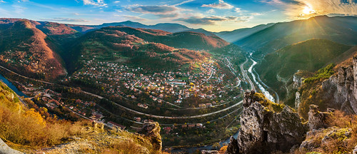 autumn sunset sky panorama mountain mountains beautiful clouds river landscape village bulgaria dreamy lakatnik iskar