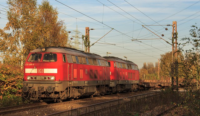 31.10.2005 Gelsenkirchen Bismarck. DB 225 016 & 225 134 mit Flachwagen und Thermohauben