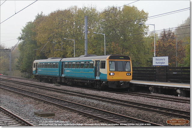 Arriva Trains Wales 142073 works 5Z42 north through Huntingdon, October 31st 2016 b