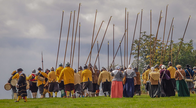 Members of the Sealed Knot leave the field after a re-enactment of the Siege of Basing House, a battle in the English Civil War