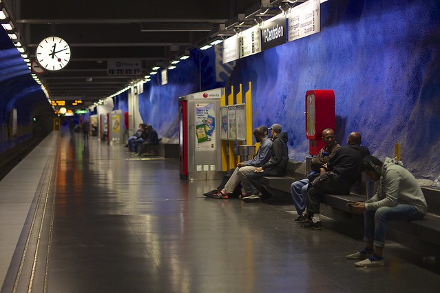 Mid night, Line 10 platform, Subway Central Station (T-Centralen), Stockholm, Sweden