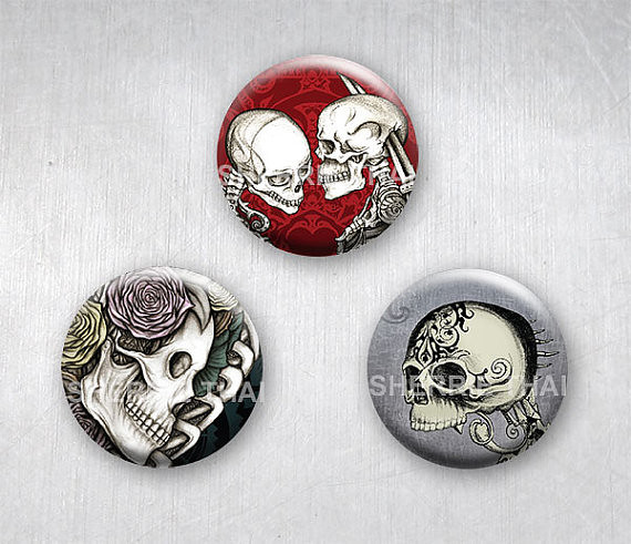 Decorative Floral Skulls Magnets & Buttons by Sherrie Thai