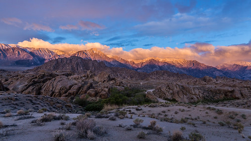 Early morning light at Movie Road by Fred Moore 1947, Alabama Hills, Lone Pine, California, USAcalifornia sky mountains clouds sunrise landscape rocks hwy