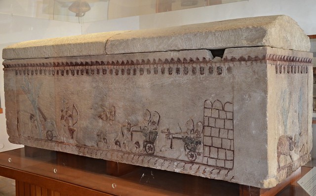 Limestone sarcophagus painted with Homeric scenes, unearthed in 2006 in a tomb near the village of Kouklia probably belonging to an ancient warrior, 1st half of 5th century BC, Palaepaphos Museum, Cyprus