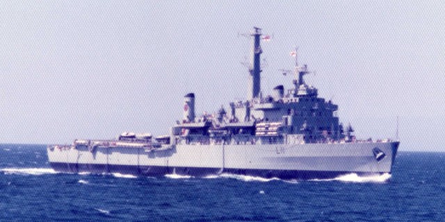 HMS Intrepid (L11) Fearless Class Landing Platform Dock (LPD) from HMS Hermes (R12) Eastern Mediterranean 1975