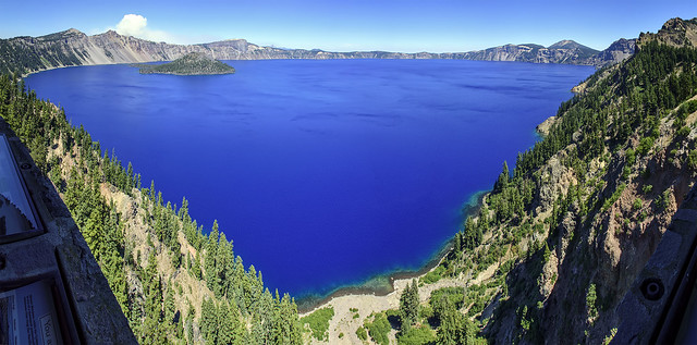 8-photo photomerge of Crater Lake from Sinnott Memorial Overlook with National Creek fire complex smoke