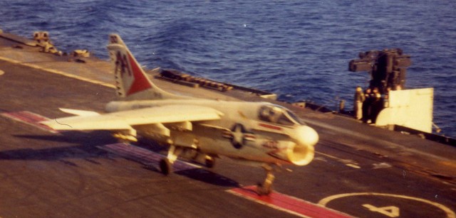 HMS Ark Royal (R09) Operating with USS Forrestal (CV59) - Vought A7 Corsair 158 2B Touch and Go Landing - 1972