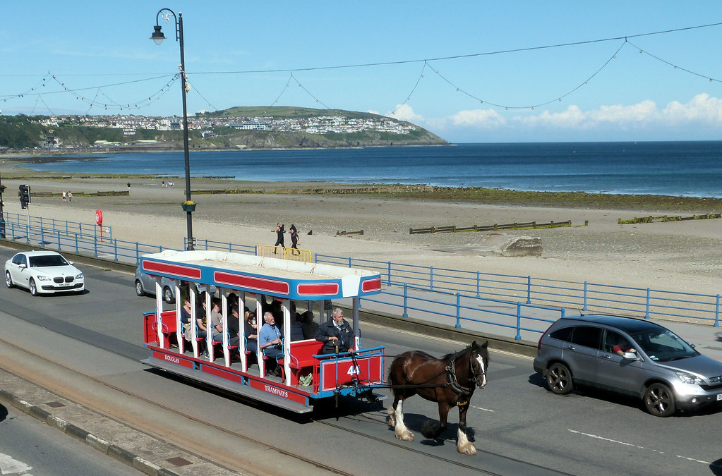 Douglas Bay Horse Tramway, Isle of Man - Rocky with Tram No. 44 approaches the War Memorial bound for the Sea Terminal with Onchan Head in the background on the 29th July 2016