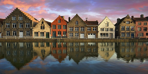 houses reflection sunrise buildings canal europe belgium brugges waterway