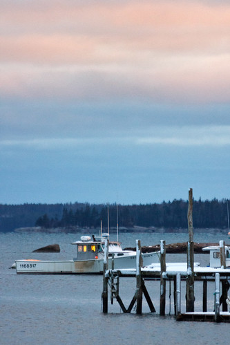 ocean winter sunset snow harbor pier boat maine deerisle stonington