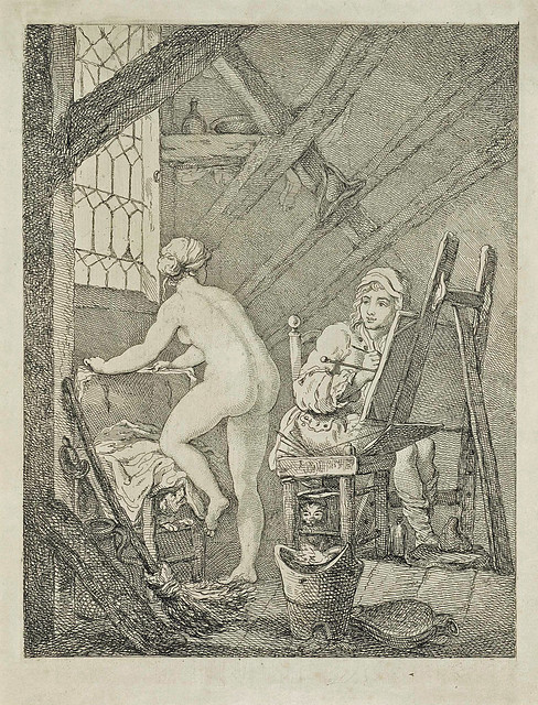 Arnold van Houbraken - The painter and his nude female model (etching)