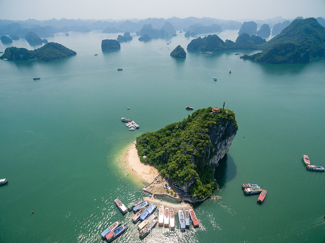 Beautiful seascape Titov island in Halong bay from high view. Halong bay is World Natural Heritage of Quang Ninh Vietnam.