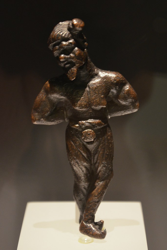 Bronze ornement depicting a chained Germanic, the prisoner wears breeches that were typical of Germanics, his hair is tied in a side knot, 2nd century AD, Römermuseum, Vienna