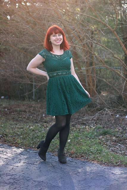 Dark Green Lace Fit and Flare Dress, Gray Tights, and Gray…