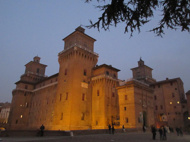 Castello Estense at dusk from Piazza della Repubblica, Ferrara, Italy