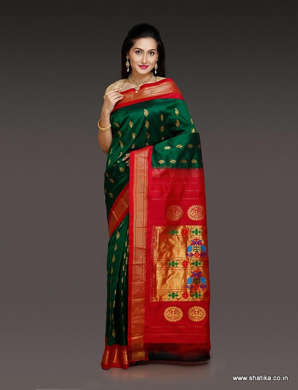 DARK GREEN and GOLD PEACOCK WEAVING PAITHANI Saree with FANCY