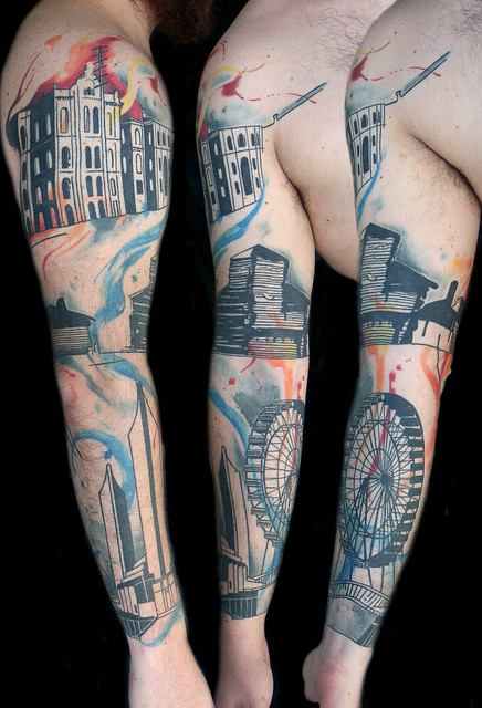 watercolor chigcago sleeve tattoo