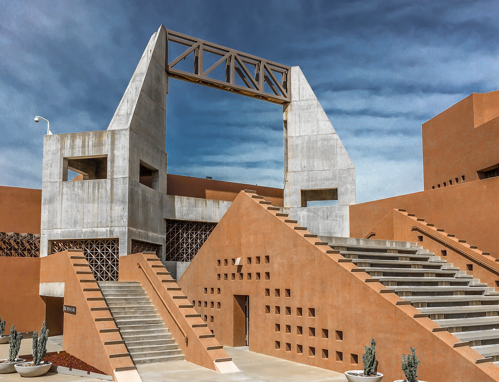 Futuristic architecture painted desert brown or left gray concrete in Tempe, Arizona