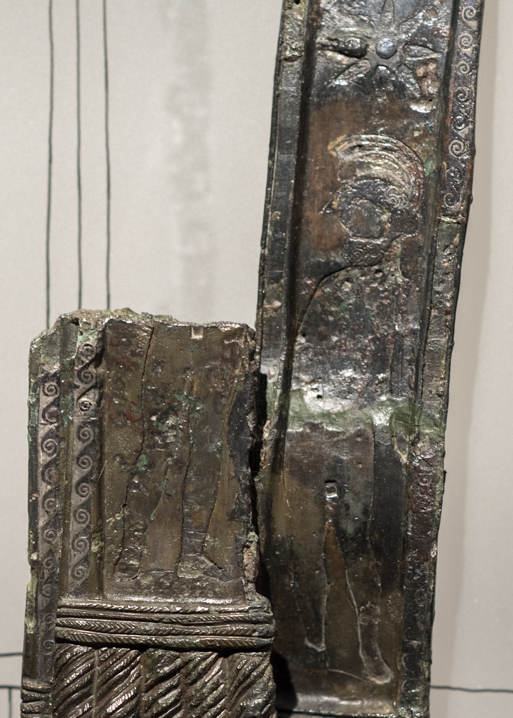 Pteruges fragments of a Roman damascened cuirass from a statue, with representation of soldiers