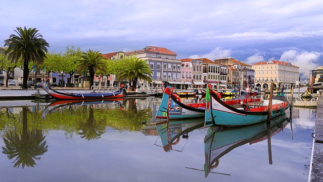 The colourful Moliceiros at the serene waters of Aveiro