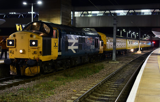 37025 and 37057 work 1Q90 Derby R.T.C to Ferme Park seen at Peterborough with  NR Test Train