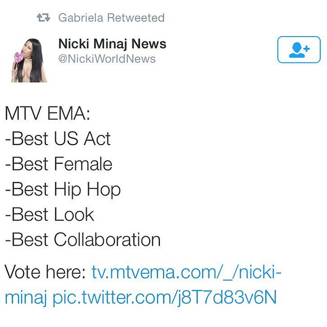 Thank you for these nominations. #MTV European Music Awards by nickiminaj September 15, 2015 at 02:49PM