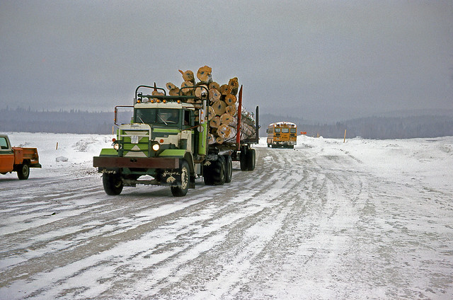 Hayes logging truck ON Lake Williston ice bridge. Feb.1976 (photo 1 of 2)
