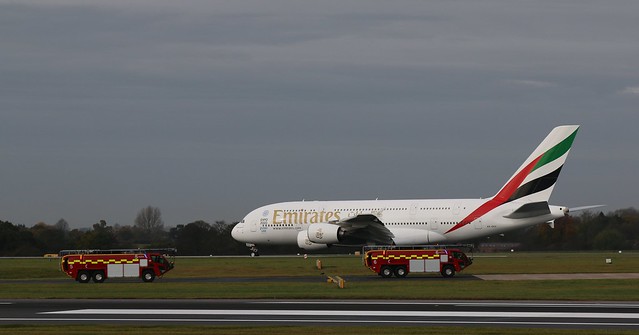13th November 2016. Emirates A6-EEV Airbus A380-861 arrives at Manchester Airport