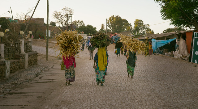 Three Women With Bales of Hay On Their Heads