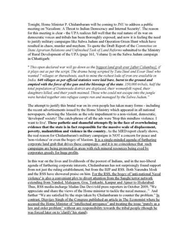 PaRCha - JNU - AISA material - 2010 ID-27072 by PaRChA project, .
        Tonight, Home Minister P. Chidambaram will be coming to JNU to address a public meeting on