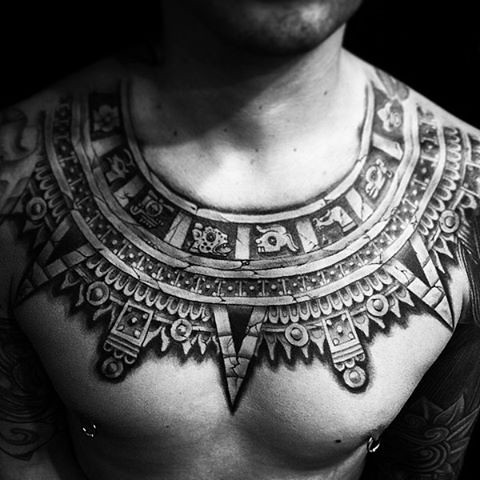 Aztec #chesttattoo #blackandgreytattoo #tbt #design #neck…
