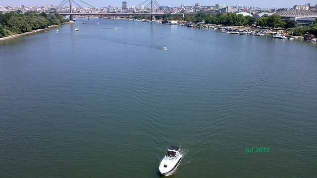 Sava river, view from Ada Bridge, Belgrade, Serbia, July 2015; Reka Sava, pogled sa mosta na Adi, Beograd, Srbija, jul 2015. godine.