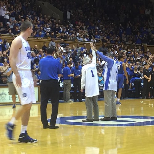 DYK This is Nobel laureate Paul Modrich's first time at a @duke_mbb game. Dr. Modrich joined Coach K and 2012 Nobel laureate Robert Lefkowitz at center court to be recognized at #Countdown2Craziness. Congratulations and welcome to the home of the Crazies,