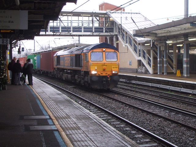 66 769 hauls a Hams Hall bound Container Train through Ipswich Station.