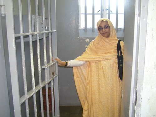 Aminetu Haidar in Nelson Mandela cell in Robben Island prison