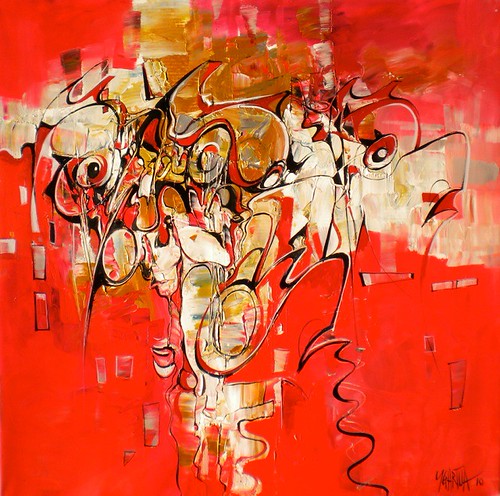 Mask forms drawn over an orange and red painted background
