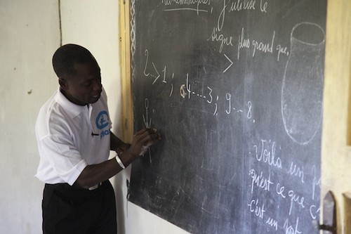 Patrice teaching at Plan-supported school in Garplay village, Nimba County